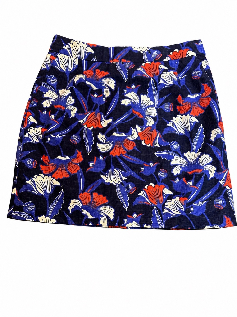 J. Crew Floral Mini Skirt Size 4 Navy Blue Red Ivory Cotton Pockets Garden Party